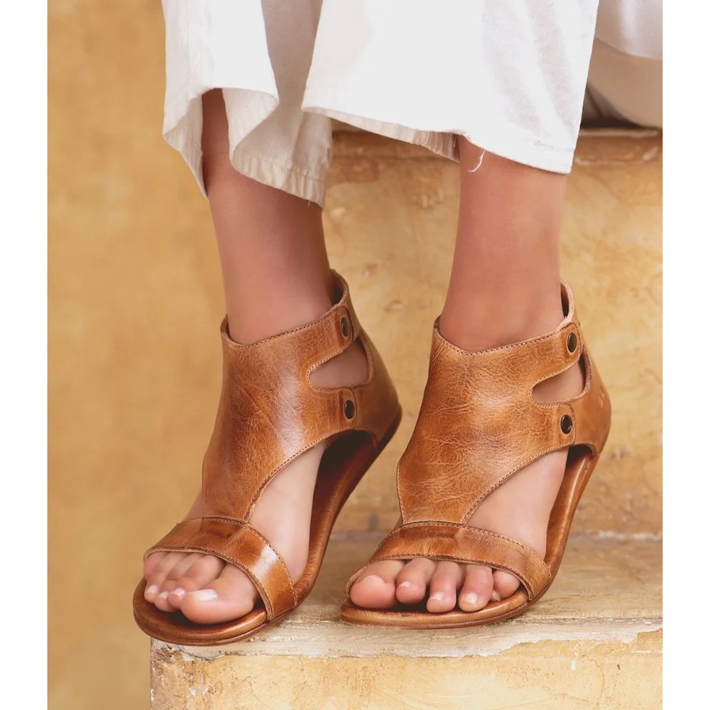 Bed Stu Soto Tan Rustic Color Leather Sandals Back Zip Womens Size 8 Flats Shoes